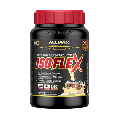 AllMax ISO FLEX protein powder container on a white background