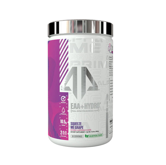 Supplement container with purple and white design on a white background