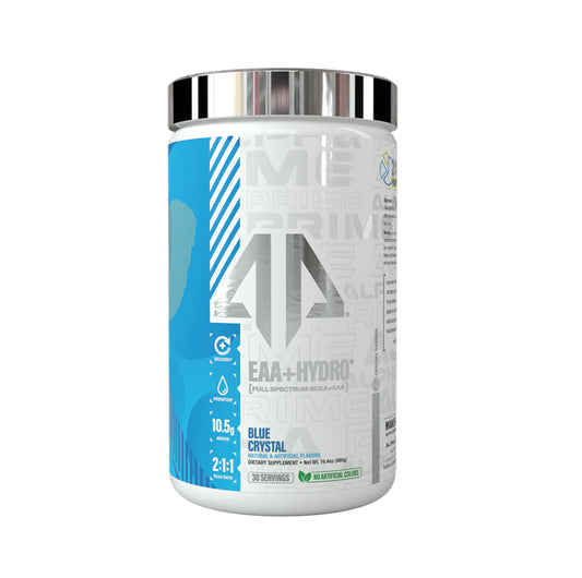 Supplement container labeled 'Alpha Prime EAA+Hydro' on a white background