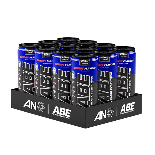 Display of ABE energy drinks in black and blue packaging on a white background
