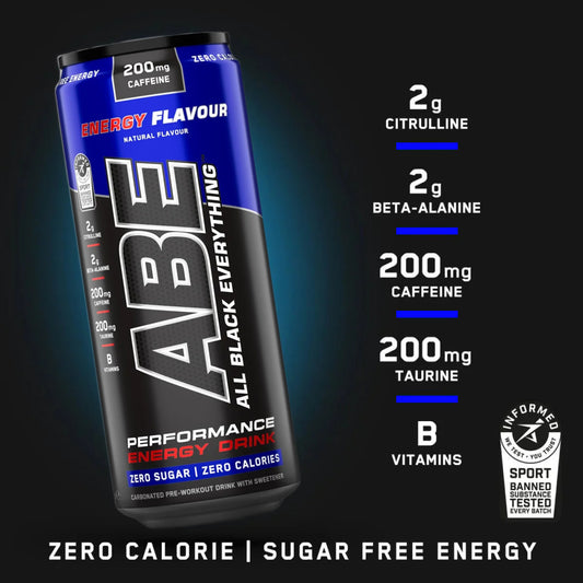 ABE All Black Everything energy drink container with nutritional information on a dark background