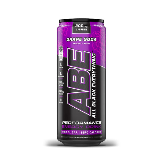ABE All Black Everything energy drink can in grape soda flavor on a white background