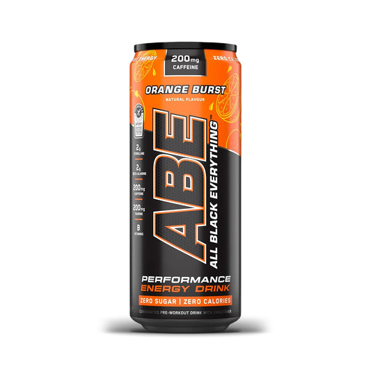 Abe All Black Everything energy drink can in orange and black on a white background