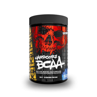 A black tub of Hardcore BCAA next-level branched-chain amino acid supplement with a bold red skull graphic and white text on the label, shown on a white background.
