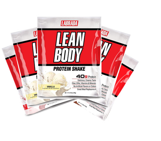 Labrada Lean Body Protein Shake packets on a white background