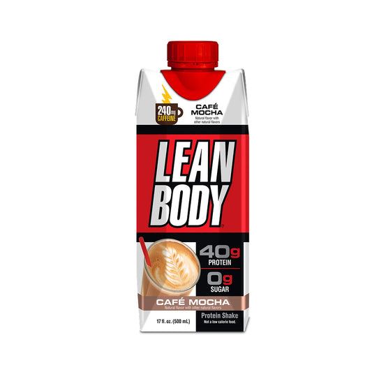 Lean Body Cafe Mocha protein shake container on a white background