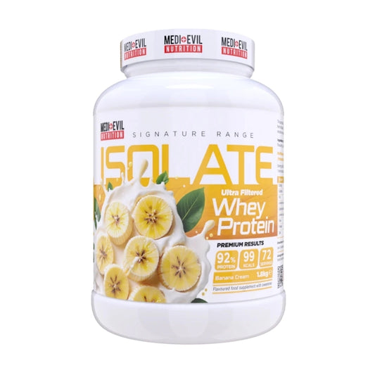Whey protein supplement container with banana flavor on a white background