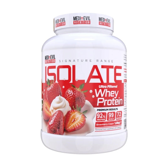 Whey protein isolate container with strawberry flavor on a white background