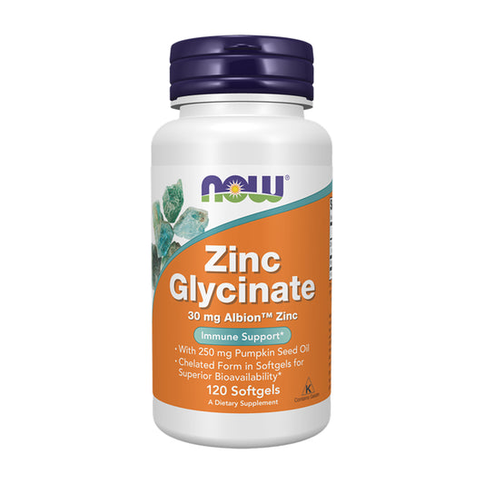Supplement bottle labeled 'Zinc Glycinate' with Now Foods branding on a white background