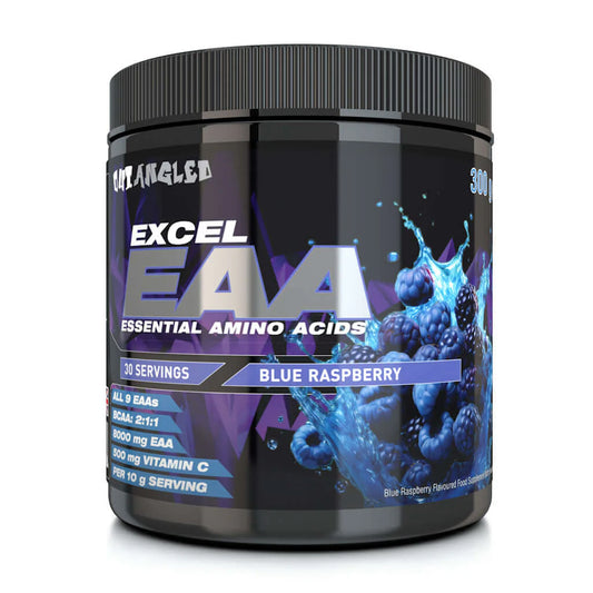 Container of Excel EAA Essential Amino Acids in blue raspberry flavor on a white background