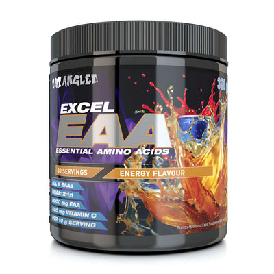 Container of Excel EAA Essential Amino Acids with colorful label on a white background