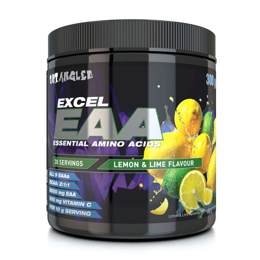 Container of Excel EAA with lemon and lime flavor on a white background