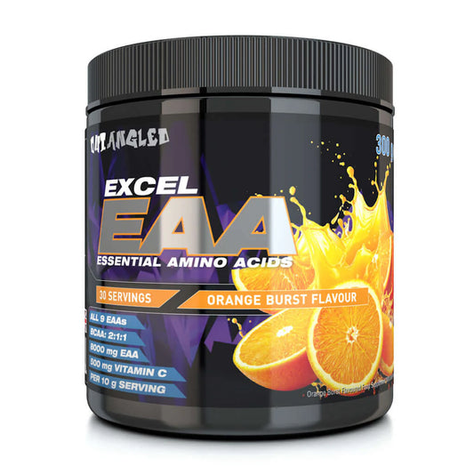 Container of Excel EAA supplement with orange flavor on a white background