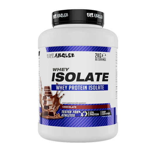 Protein supplement container labeled 'Whey Isolate' on a white background