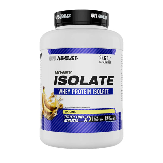 Protein supplement container labeled 'Whey Isolate' on a white background