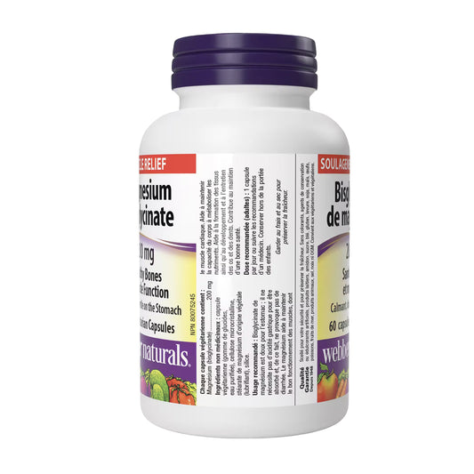 Bottle of magnesium citrate capsules with a white label on a white background