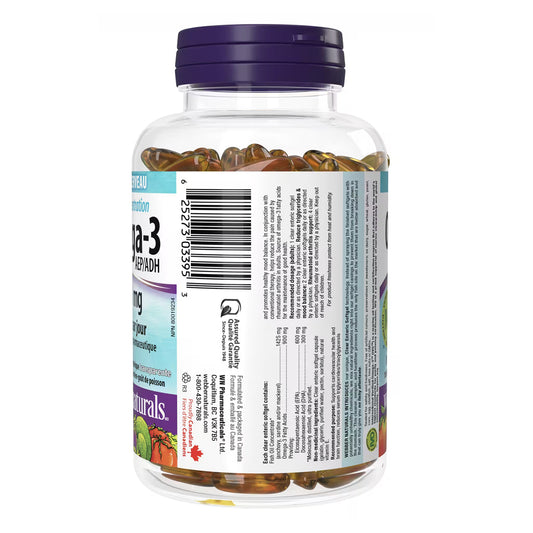 Lọ trong suốt chứa viên nang mềm omega-3, hiển thị nhãn và thông tin chi tiết ở mặt sau.