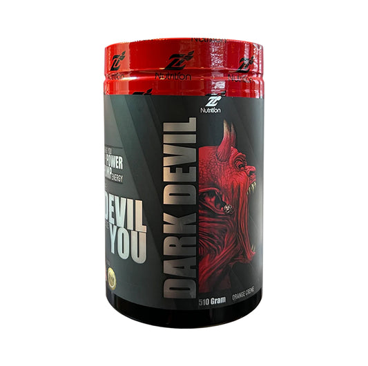 Supplement container labeled 'Dark Devil' with a red and black design on a white background