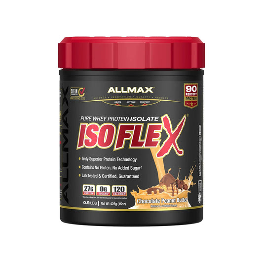 Allmax ISO FLEX protein powder container with red lid on a white background