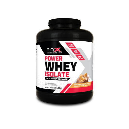 BioX Power Whey Isolate 1.8kg vị Chocolate Caramel Fudge — 30g đạm whey isolate, 0g đường