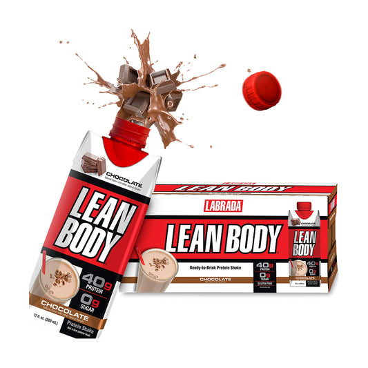 Labrada Lean Body protein shake packaging with a chocolate flavor splash on a white background