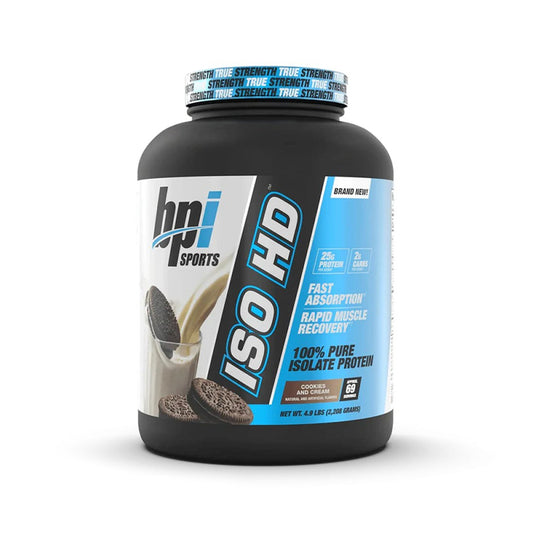 BPI Sports ISO HD protein supplement bottle on a white background