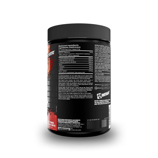 A black tub of protein powder with a black lid, showing the back label with ingredients and branding, on a white background with a soft shadow.