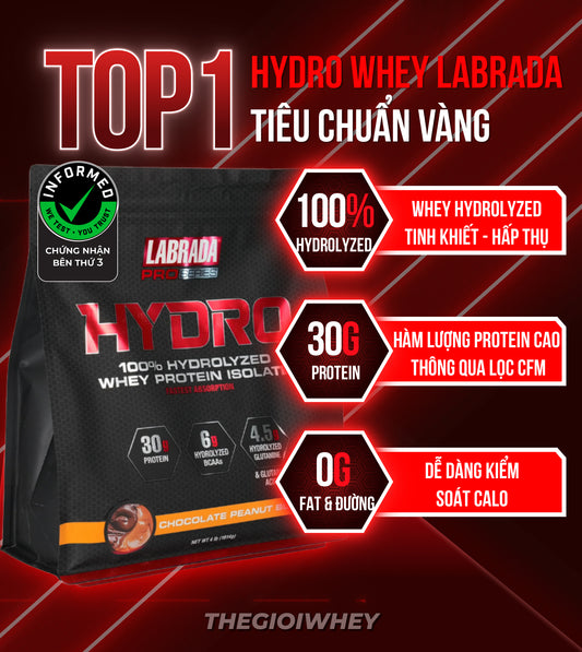 Labrada Hydro Whey protein package with key features highlighted on a red background