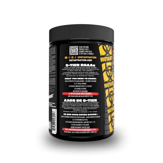 A black plastic tub of Mutant Nutrition S-Tier Boas supplement powder, showing the back label with product details, QR code, and yellow branding on a white background.