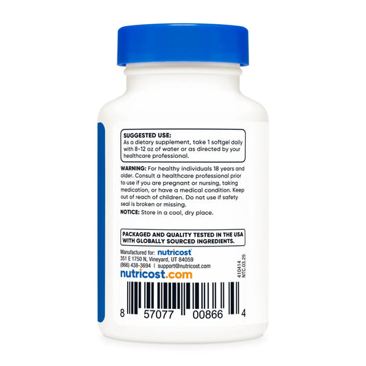Supplement bottle with blue cap and white label on a white background