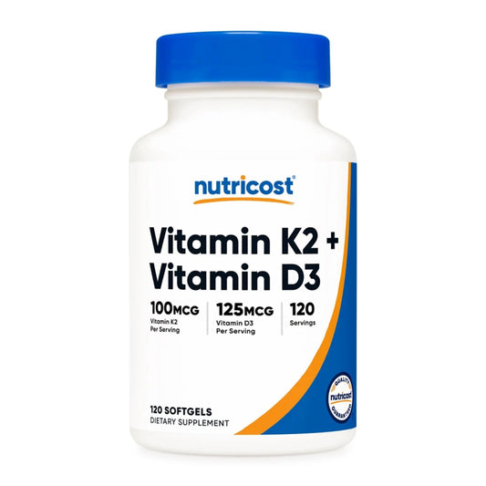 Nutricost Vitamin K2 + Vitamin D3 supplement bottle on a white background