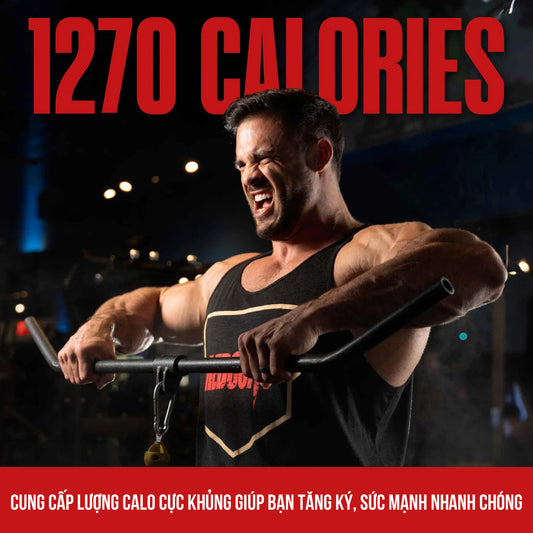 Muscular man lifting weights with '1270 Calories' text in red above him.