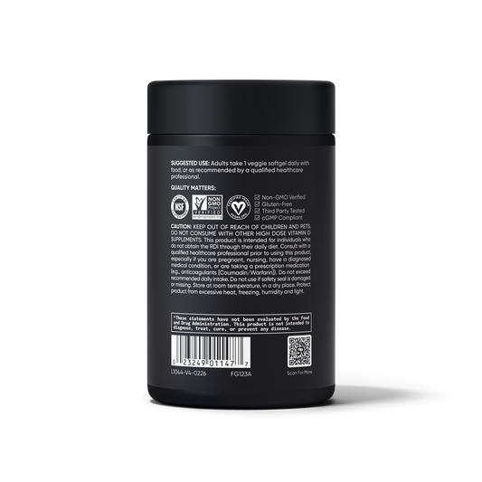 Sports Research Vitamin D3 + K2 30 viên - mặt bên trái, chứng nhận Non-GMO và Vegan