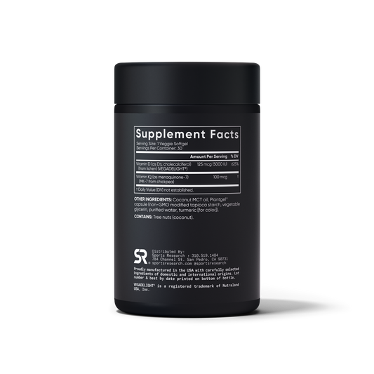 Sports Research Vitamin D3 + K2 30 viên - mặt bên phải, bảng thành phần Supplement Facts