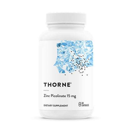 Thorne dietary supplement bottle with blue label on a white background