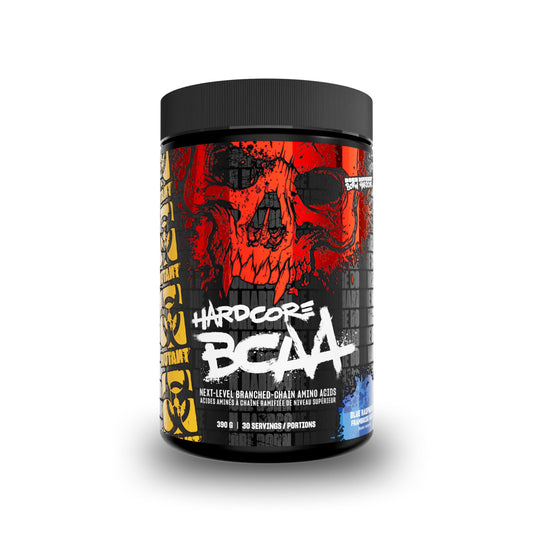 A black tub of Hardcore BCAA next-level branched-chain amino acid supplement with a bold red skull graphic and white text on the label, shown on a white background.