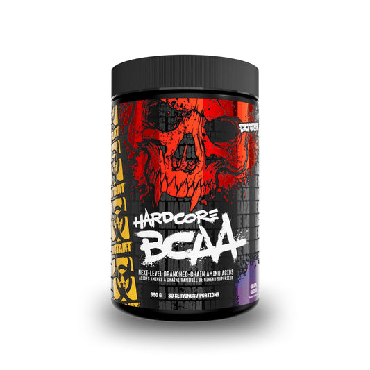 A black plastic tub of Hardcore BCAA next-level branched-chain amino acids, featuring a bold red and black skull graphic on the label.
