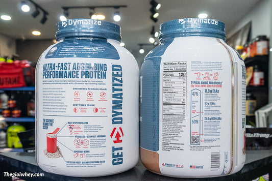 Dymatize ISO 100 5lbs — mặt sau hũ với bảng Nutrition Facts và hồ sơ amino acid