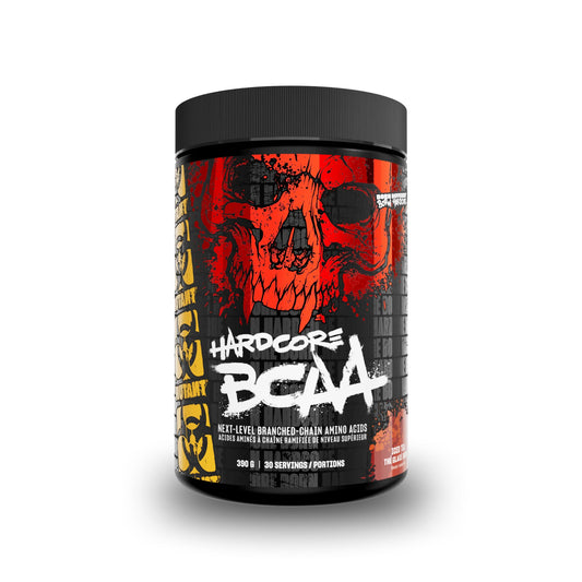 A black plastic tub of Hardcore BCAA next-level branched-chain amino acid powder, featuring a bold red and black skull graphic on the label with white text, set against a plain white background.