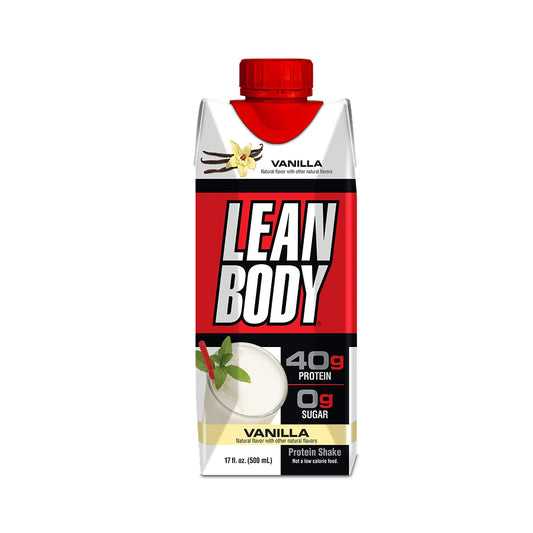 Lean Body protein shake container with red cap on a white background