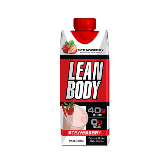 Lean Body strawberry protein shake container on a white background
