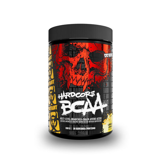 A black plastic tub of Hardcore BCAA next-level branched-chain amino acid supplement with a black lid, featuring a red and black skull graphic and white text on a white background.