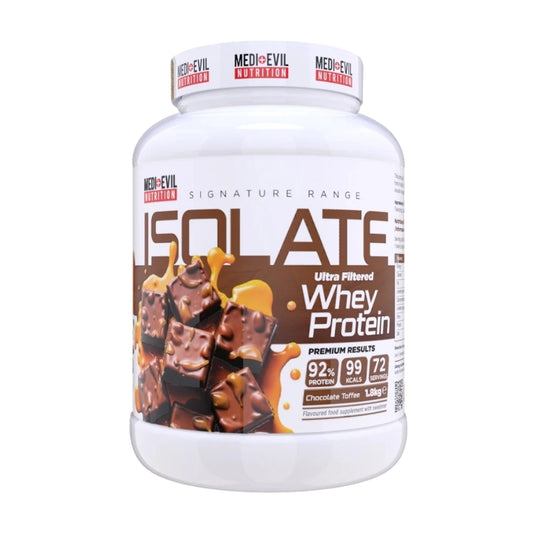 Protein powder container with chocolate toffee flavor on a white background