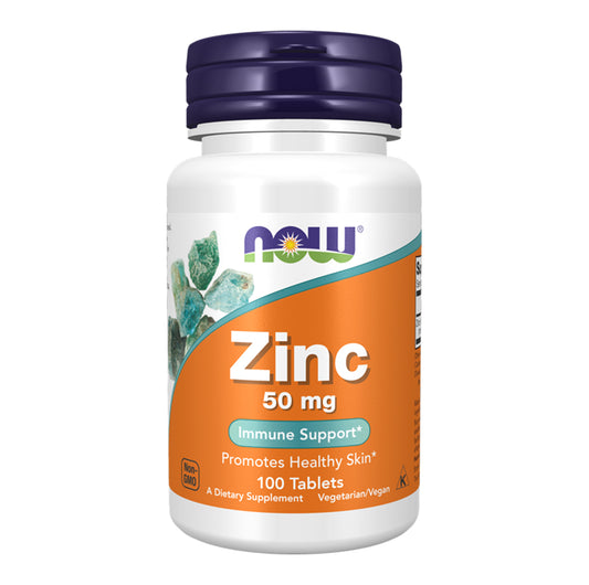Supplement bottle labeled 'Zinc 50 mg' with Now brand on a white background