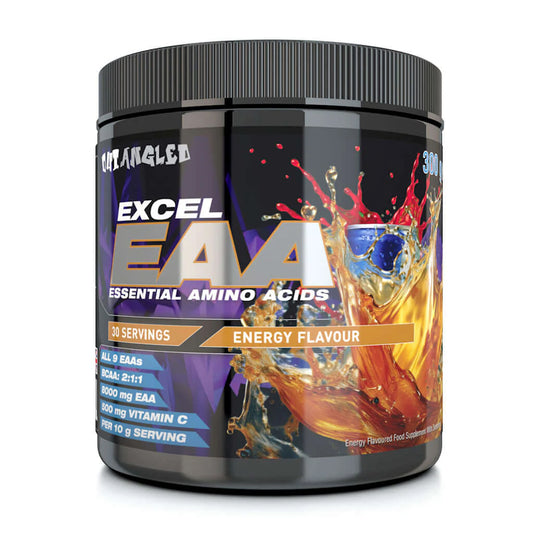 Container of Excel EAA Essential Amino Acids with colorful label on a white background
