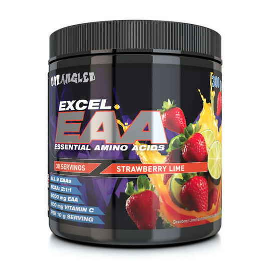 Container of Excel EAA Essential Amino Acids with strawberry lime flavor on a white background