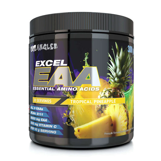 Container of Excel EAA supplement with tropical pineapple flavor on a white background