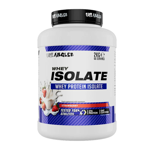 Protein supplement container labeled 'Whey Isolate' on a white background