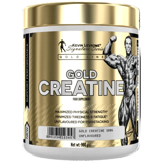 Gold Creatine supplement container with Kevin Levrone branding on a white background