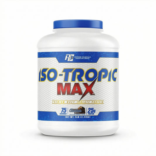 Container of ISO-Tropic Max protein powder on a white background
